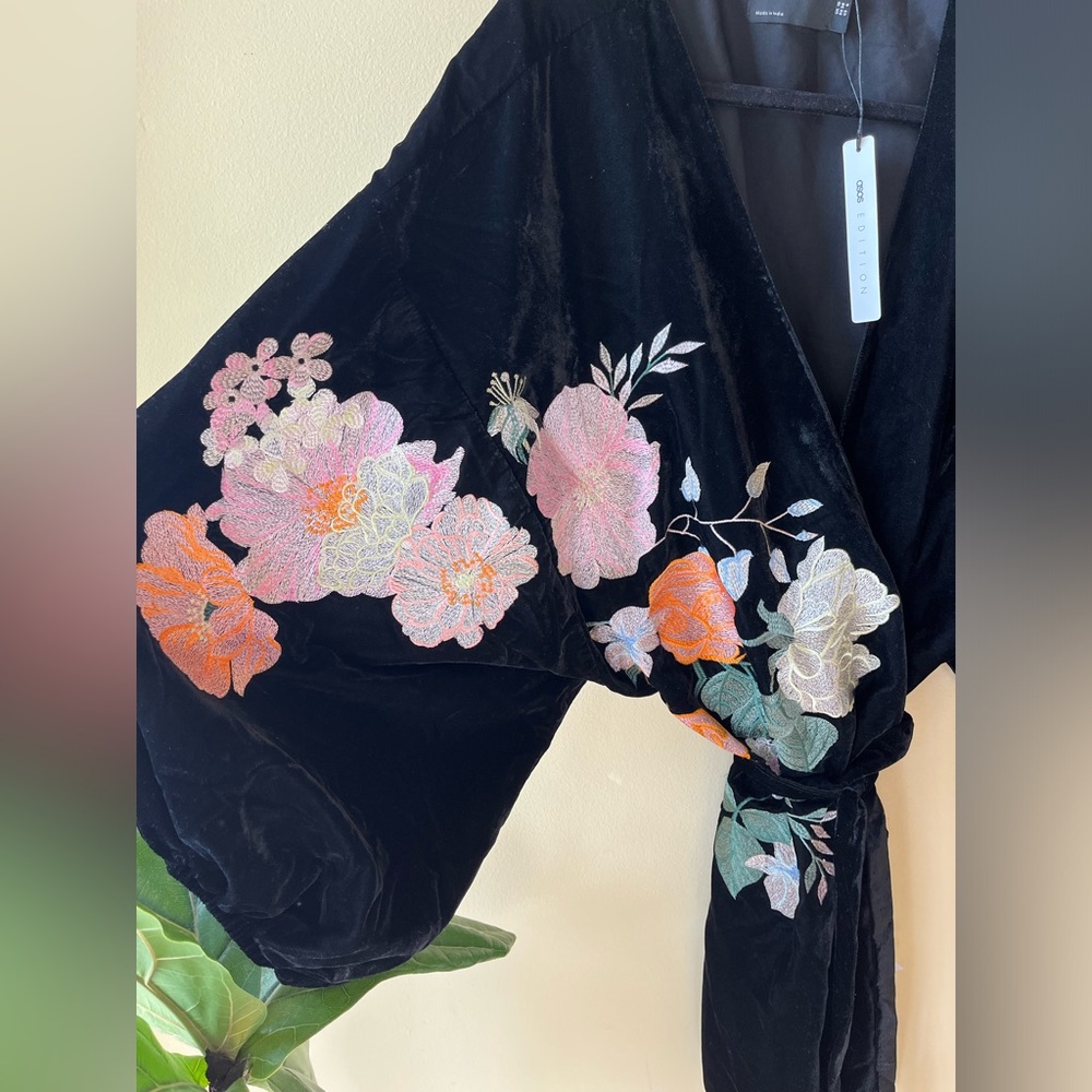 ASOS Edition Velvet & Floral Embroidered Wrap Dress, Kimono-Stye Dress